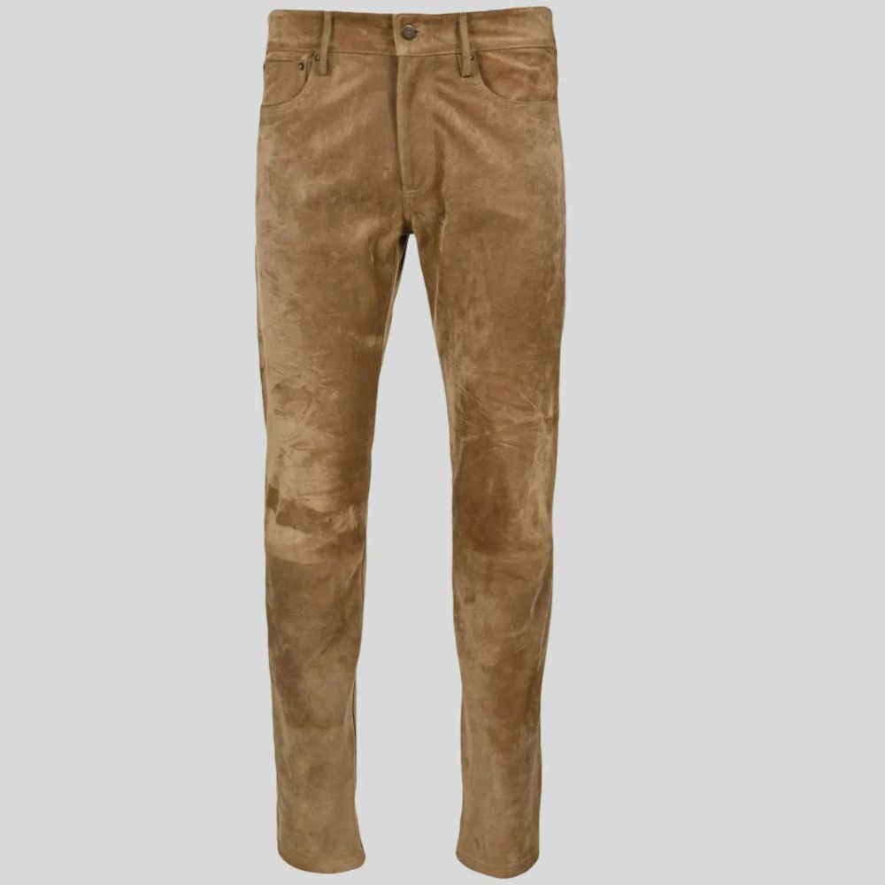 Unique soft suede leather pants for men in premium brown suede.