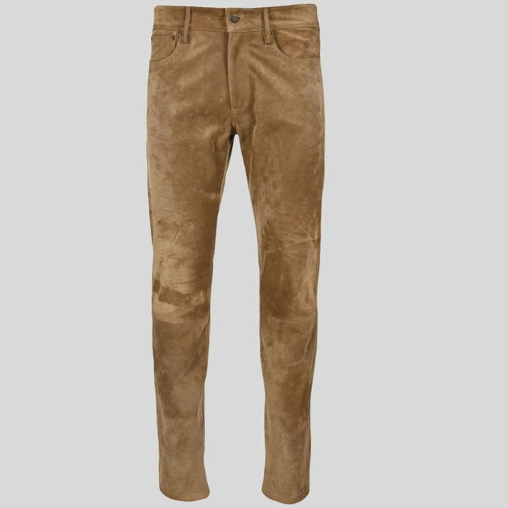 Unique soft suede leather pants for men in premium brown suede.