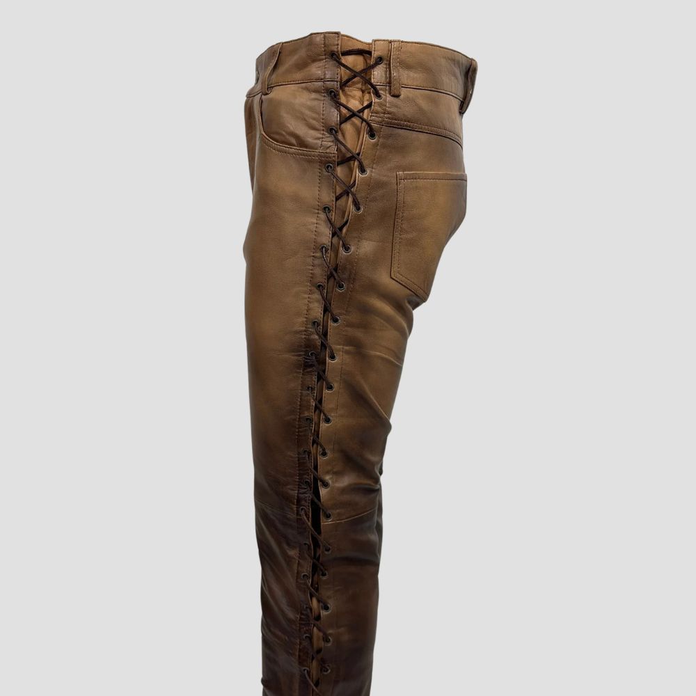 Men’s durable wax leather pants with a vintage distressed look for motorcycle riders.