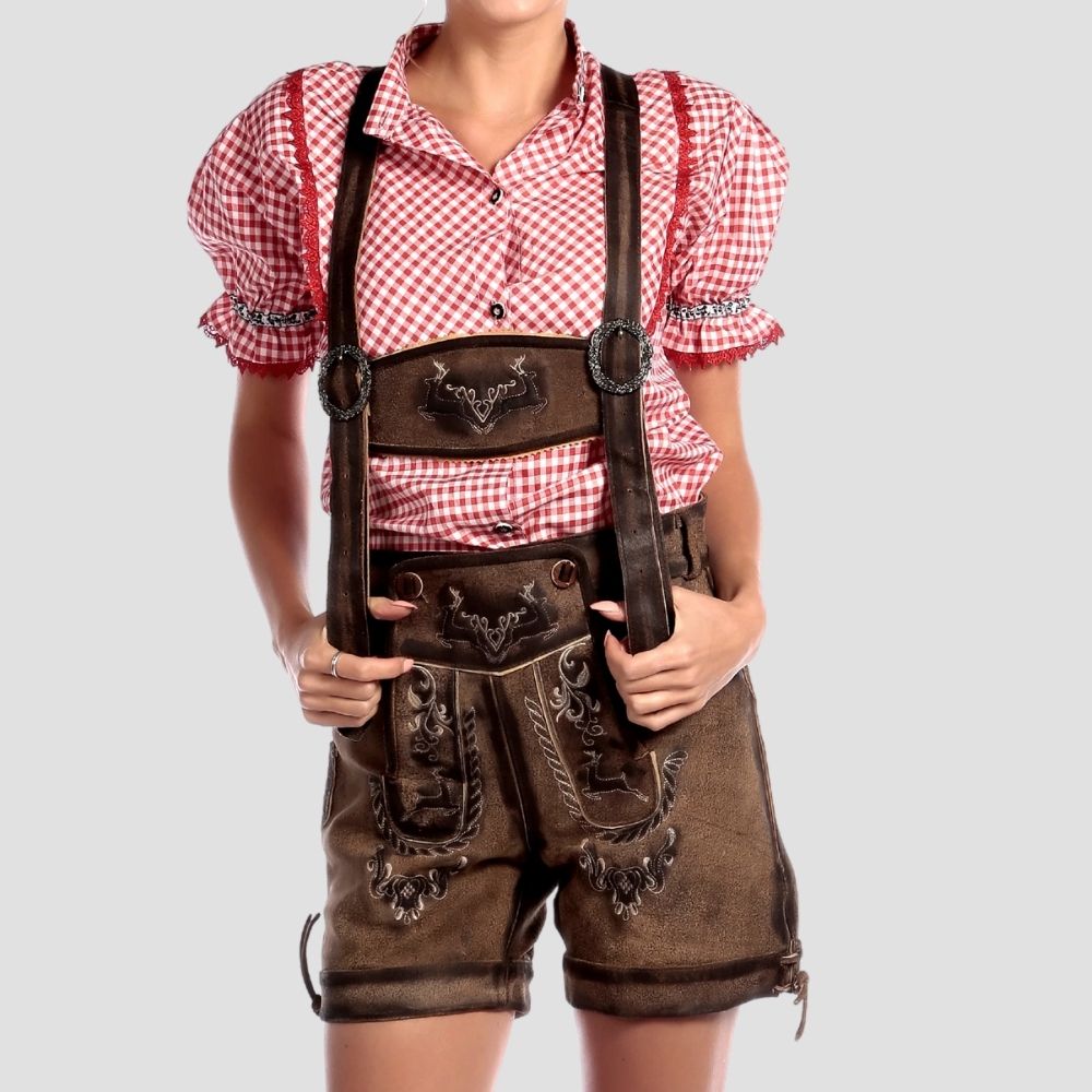 Shop trendy women’s lederhosen with an adjustable waistband. Combining modern style and traditional elements for a comfortable, customizable fit at any festival.