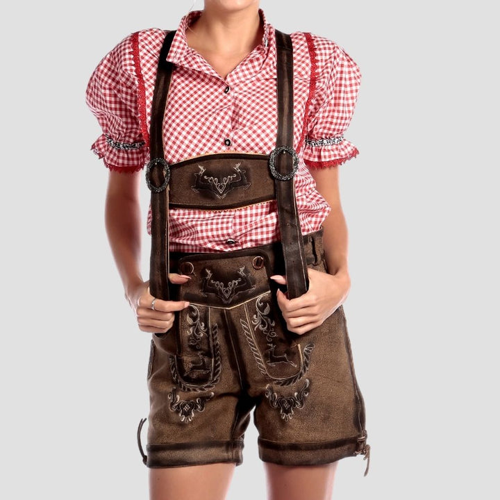 Shop trendy women’s lederhosen with an adjustable waistband. Combining modern style and traditional elements for a comfortable, customizable fit at any festival.