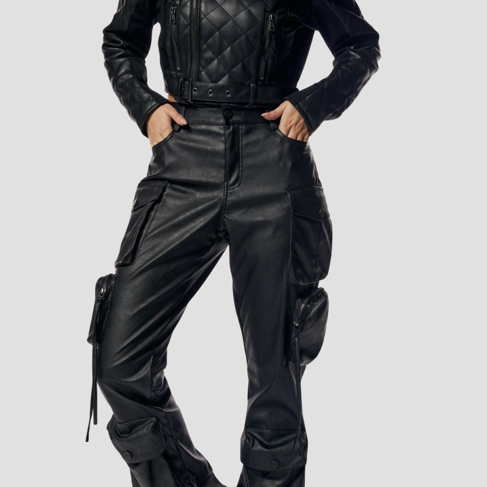 These sleek black leather cargo pants offer a comfortable and stylish option for all your day-to-night outfits.