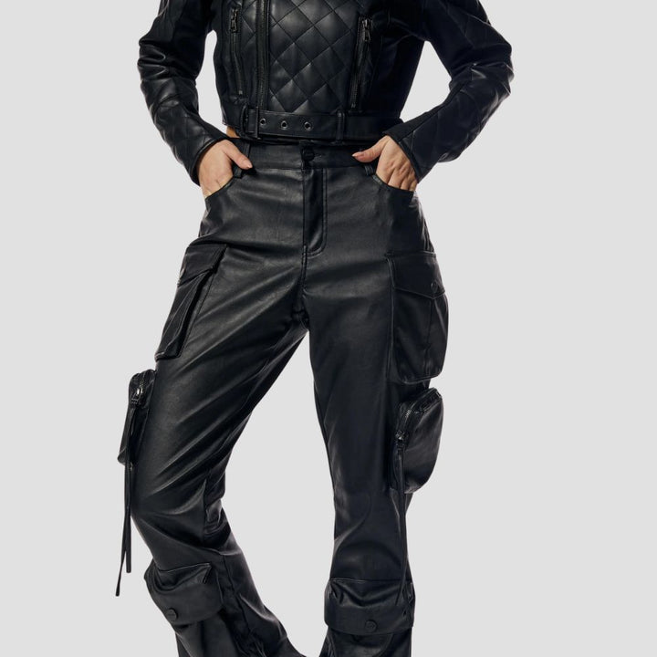 These sleek black leather cargo pants offer a comfortable and stylish option for all your day-to-night outfits.