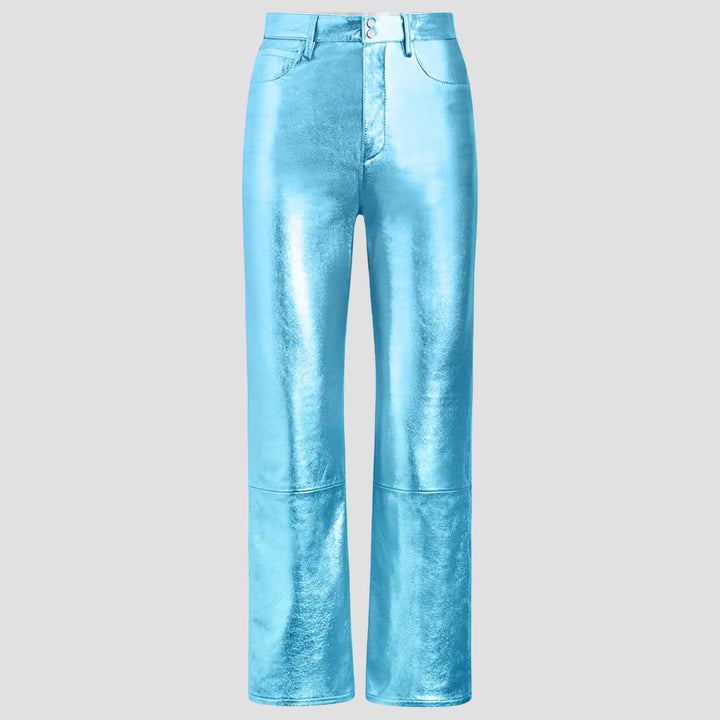 Perfect for daring modern fashion, these metallic leather pants are designed with women’s style in mind.