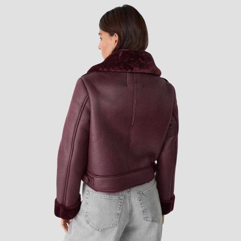 Embrace the cold with this premium women’s B3 bomber jacket. Featuring luxurious shearling and durable leather, it ensures ultimate warmth and fashionable winter protection.