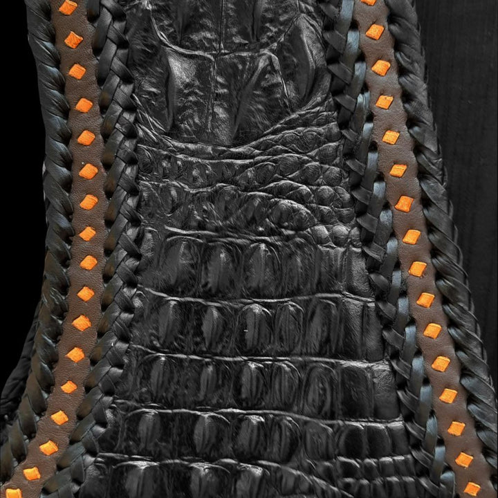 Unique crocodile embossed biker vest in black cowhide leather with polyester lining.