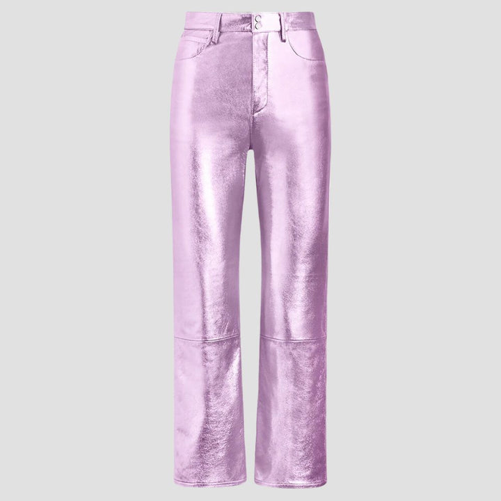 These urban pink metallic pants for ladies bring trendy fashion to the forefront. A striking, shimmering design that offers comfort and style in one chic piece.