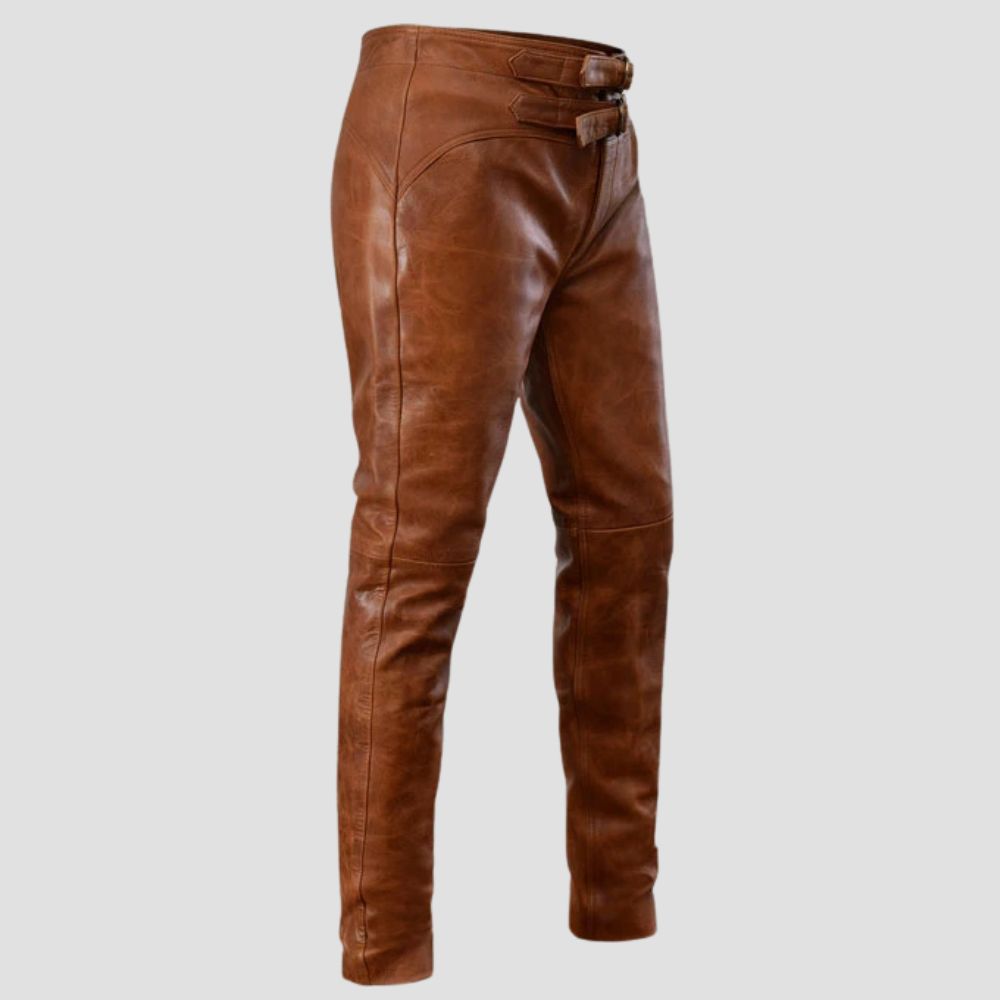 Men’s brown leather pants with a distressed finish, ideal for everyday casual style.