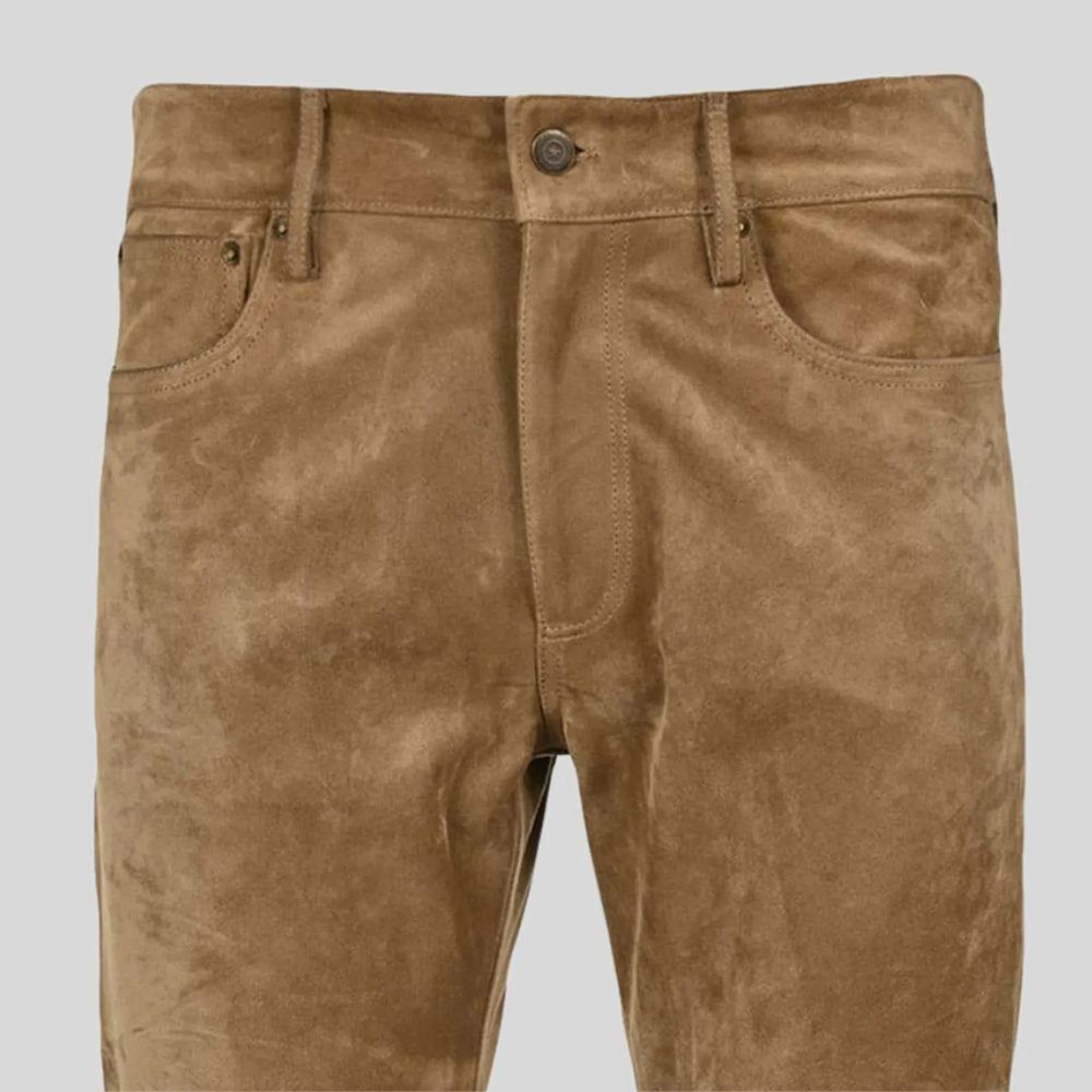 High-quality brown suede pants designed for men’s luxury outfits.