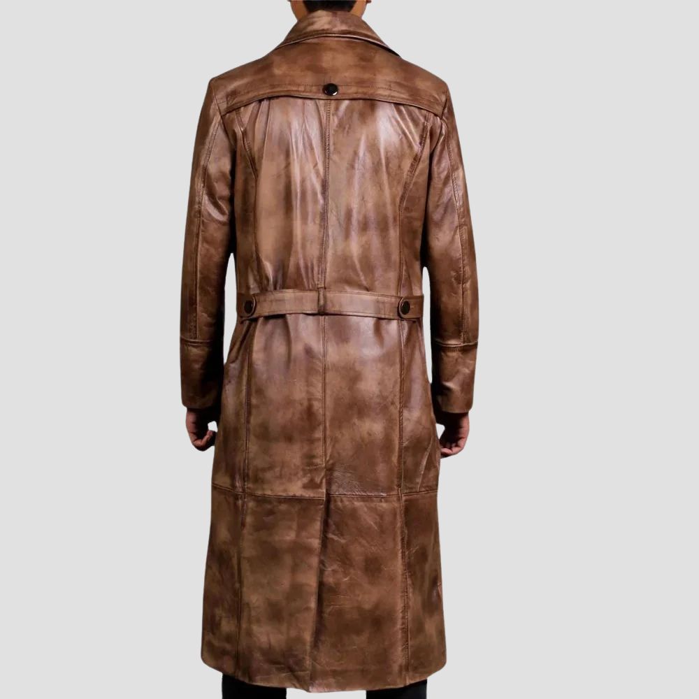 This distressed leather trench coat offers both durability and style for cold-weather adventures.