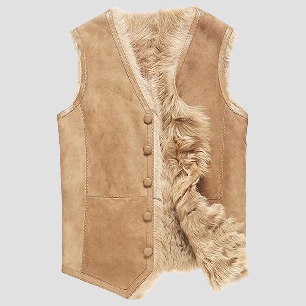 Ideal for winter activities, this shearling leather vest offers both functionality and premium style.