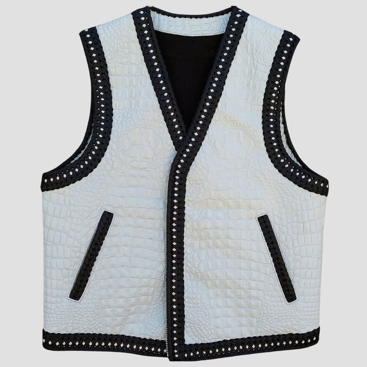 Stylish white leather biker vest with crocodile embossing for men.