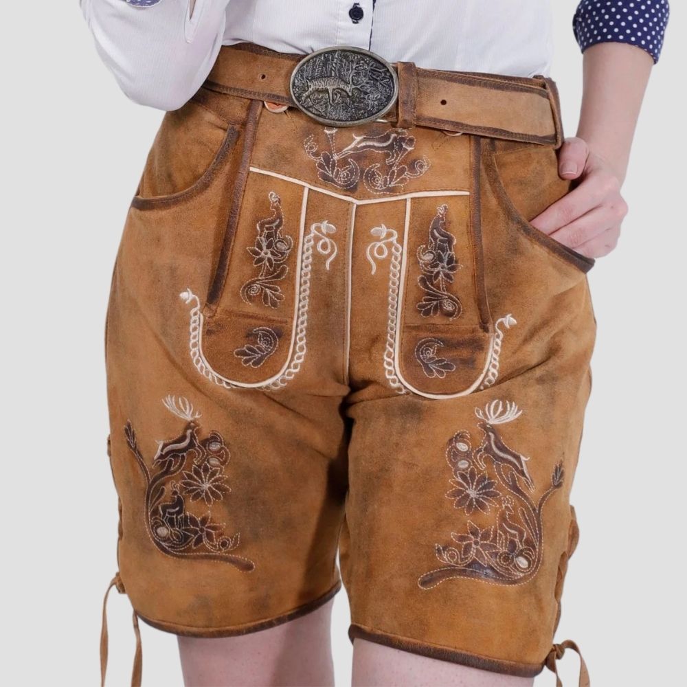 Enjoy the perfect fit with these women’s authentic lederhosen, complete with side laces. Designed for adjustability, they’re ideal for Oktoberfest and Bavarian celebrations.