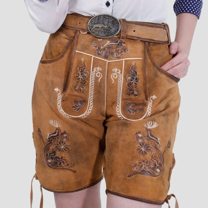 Enjoy the perfect fit with these women’s authentic lederhosen, complete with side laces. Designed for adjustability, they’re ideal for Oktoberfest and Bavarian celebrations.