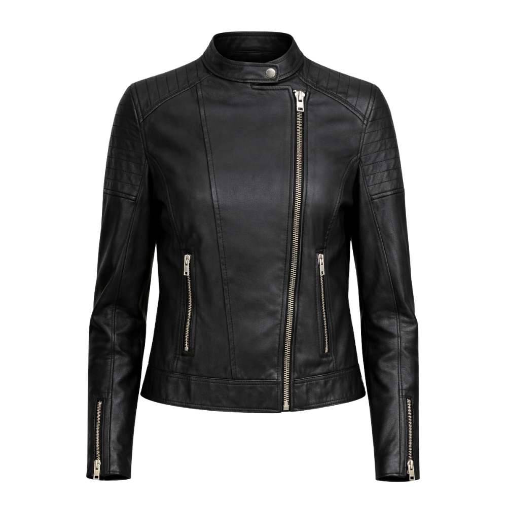 Women’s black cowhide leather jacket with stylish design