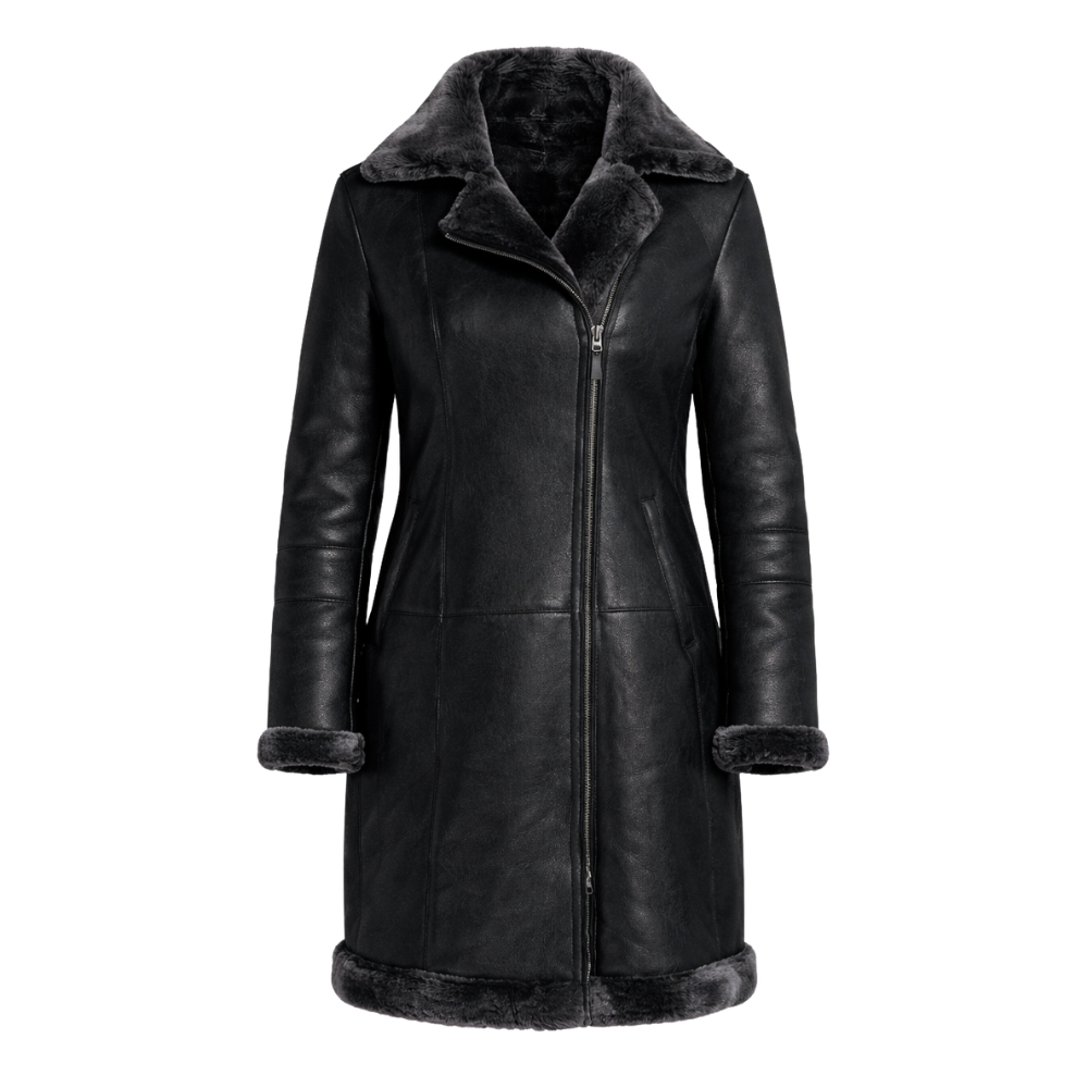 Women black leather fur trench coat with cozy lining