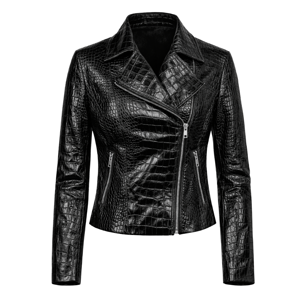 Stylish women crocodile leather moto jacket for fashion wear