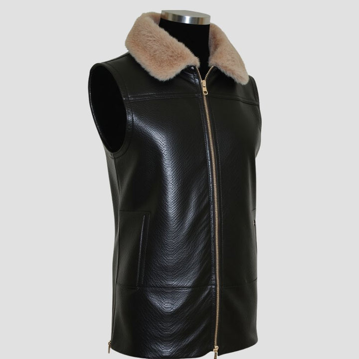 women leather vest with fur collar