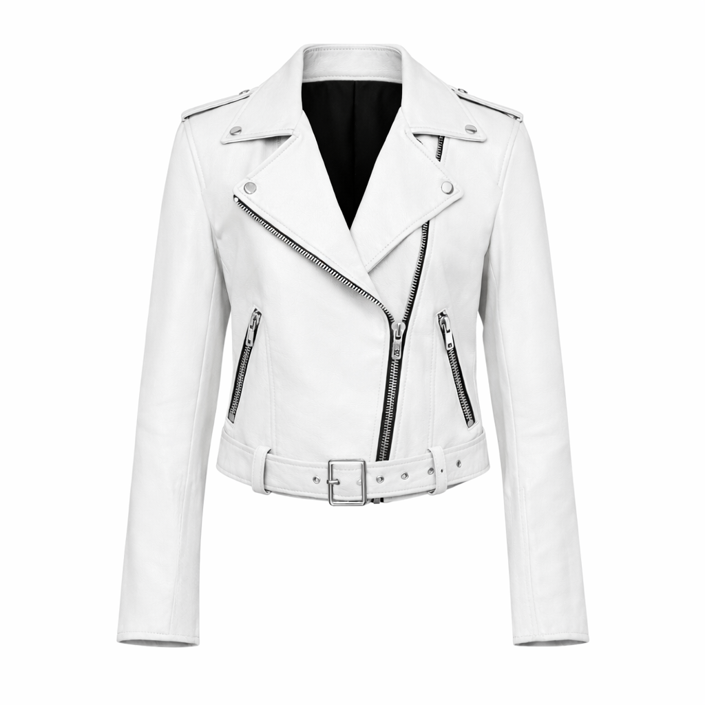 Women white leather biker jacket with classic moto style