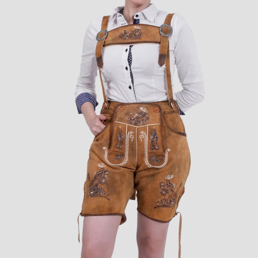 Shop women’s authentic lederhosen with side laces for a perfect fit. Traditional craftsmanship combined with modern adjustability for a comfortable, stylish look.