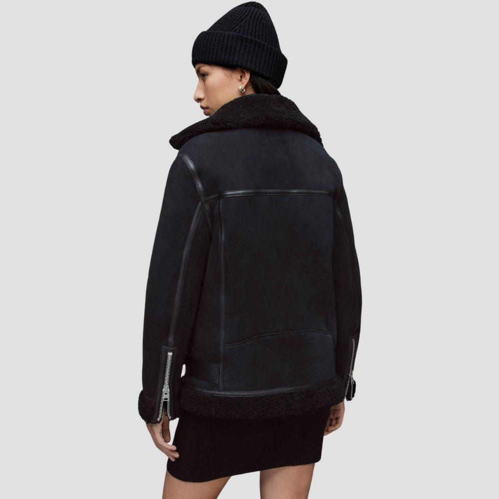 Shop a women’s shearling leather jacket for bold winter fashion. The luxurious shearling and high-quality leather offer a stylish, trendsetting jacket for cold days.