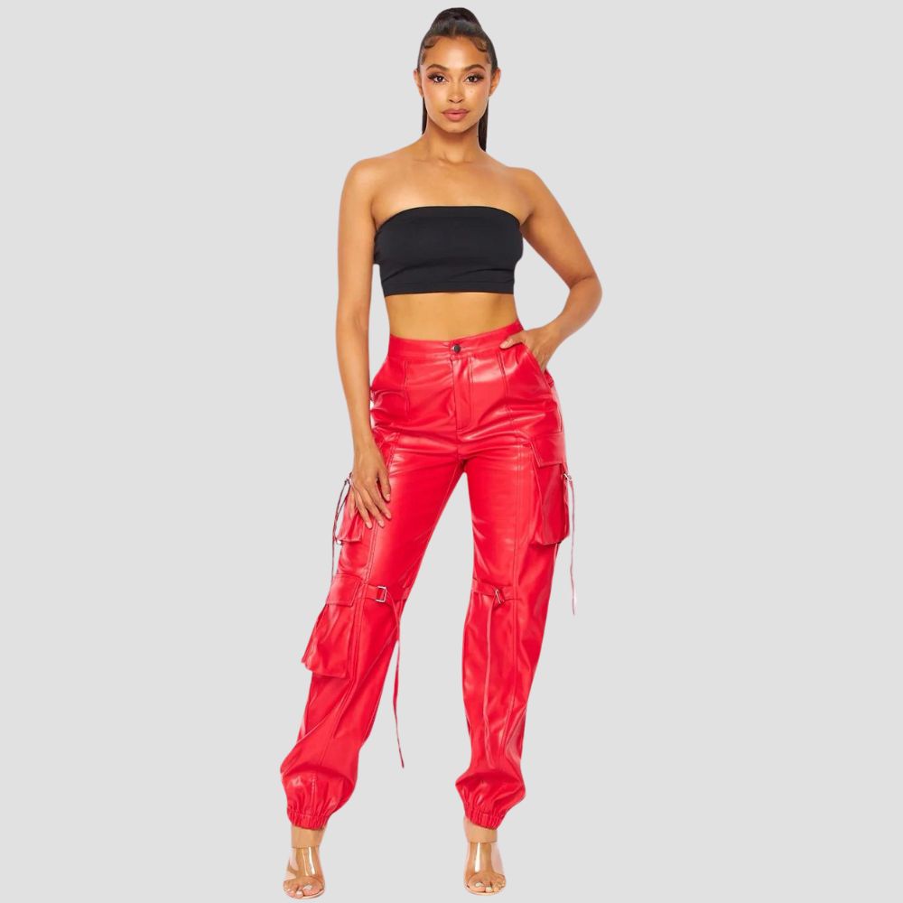 These cargo leather pants offer a sleek and comfortable fit that blends perfectly with any casual look.