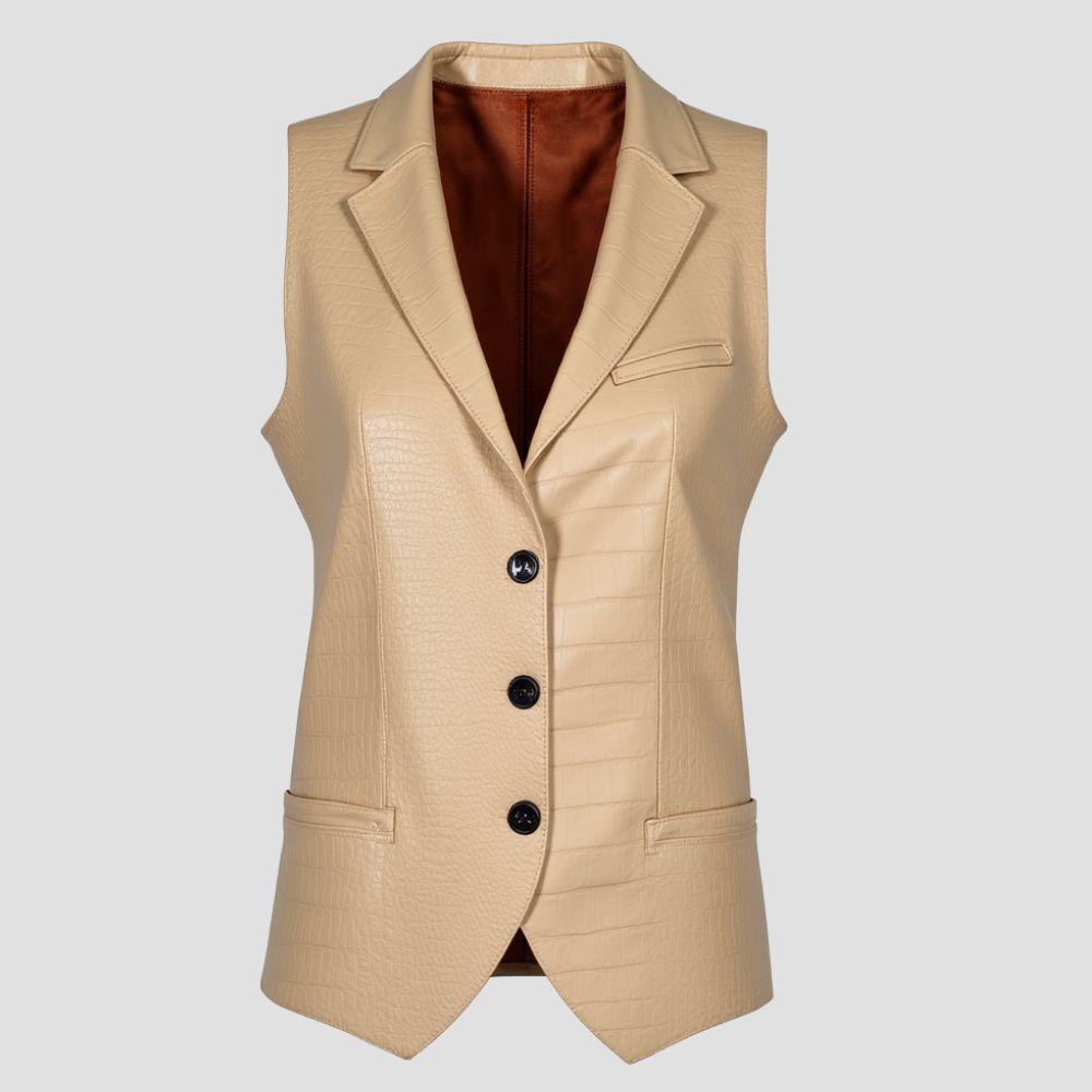 Crocodile leather vest for women, featuring modern textures and an exotic finish, perfect for a bold, high-end fashion statement.