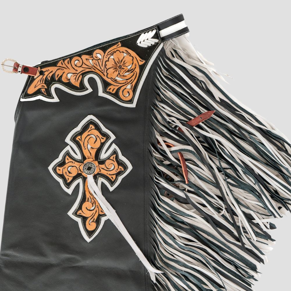 Achieve a fierce, fashionable look with these trendy rodeo chaps, showcasing an eye-catching Western design.