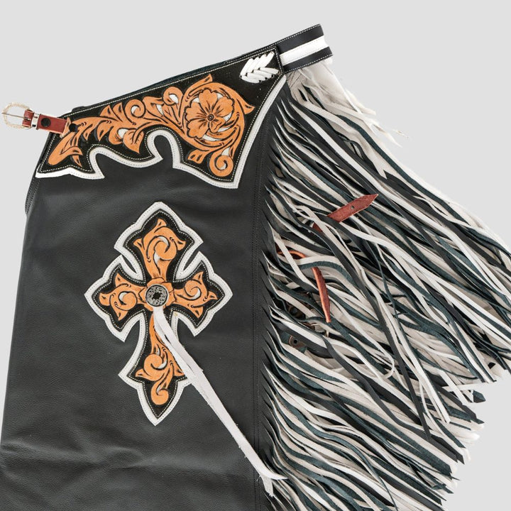 Achieve a fierce, fashionable look with these trendy rodeo chaps, showcasing an eye-catching Western design.