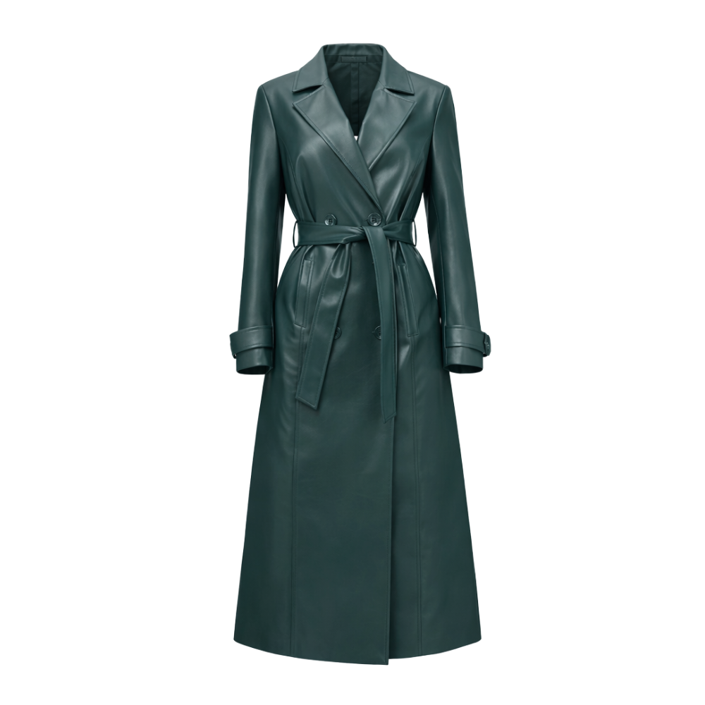 Women's green leather trench coat with classic styling