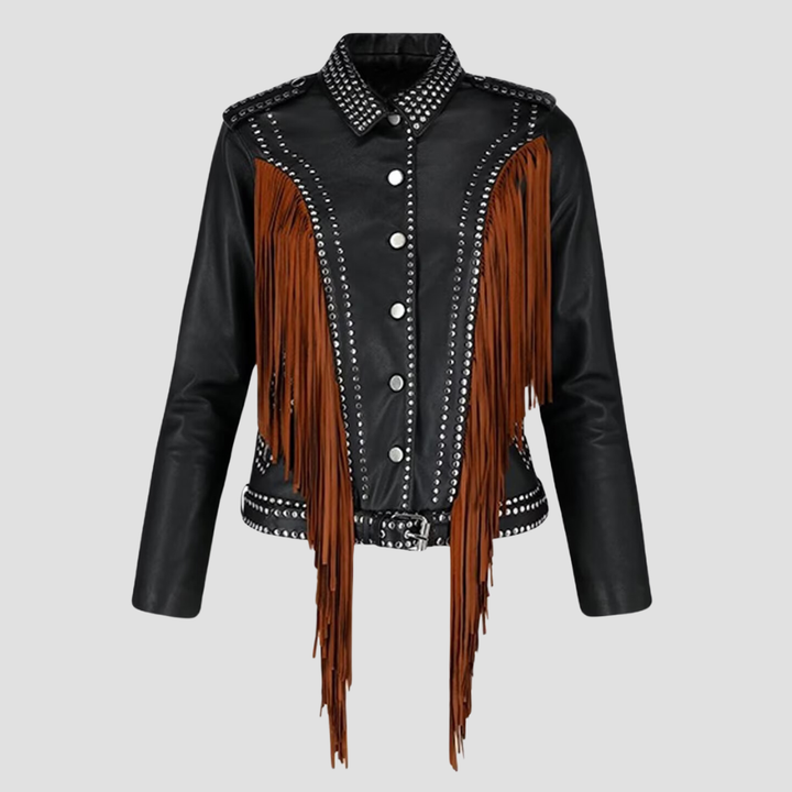 Shop a women’s leather jacket with fringe detailing for Western vibes. The sleek leather and stylish fringe accents bring bold Western-inspired flair to your wardrobe.