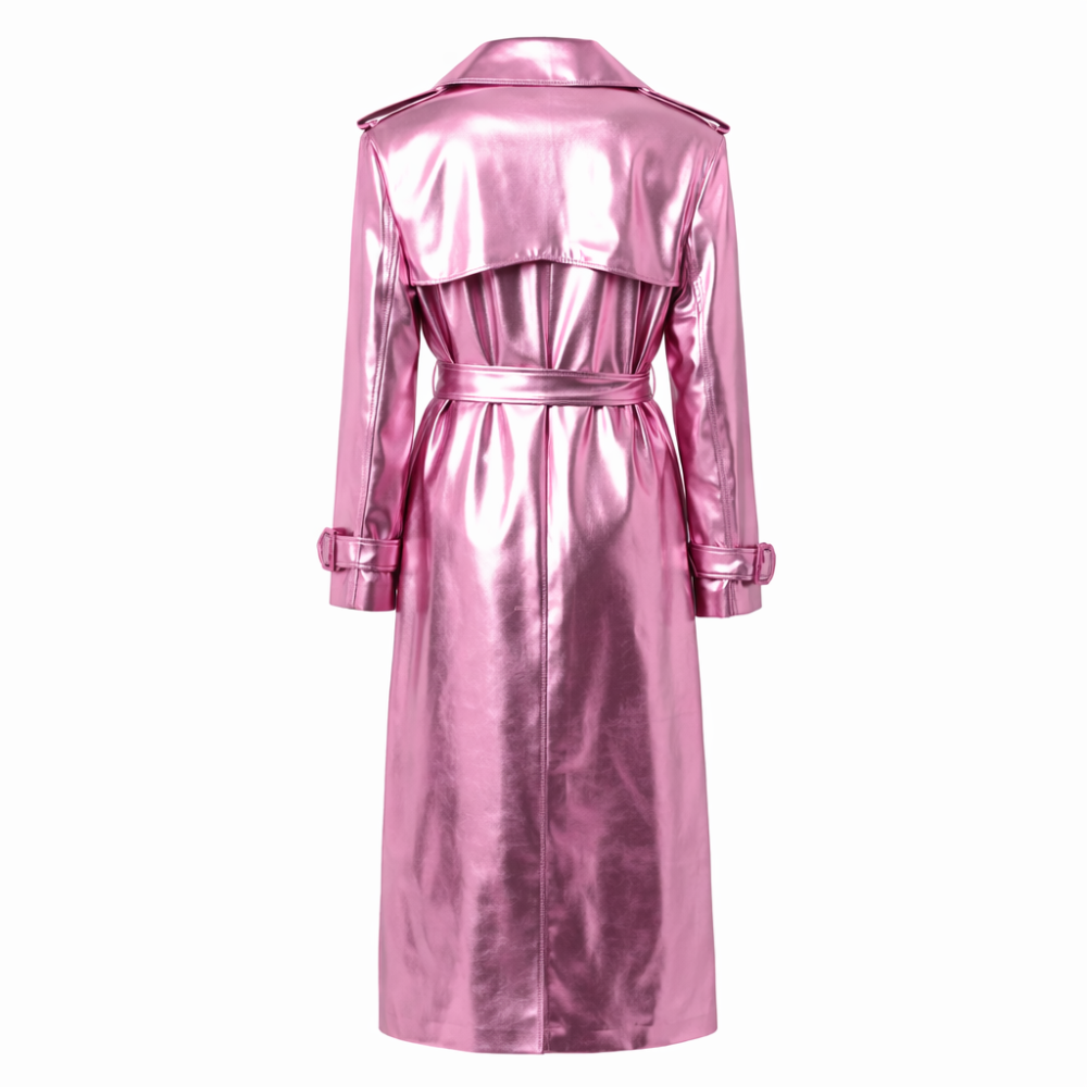 Metallic pink leather trench coat for women with glossy finish and belted waist