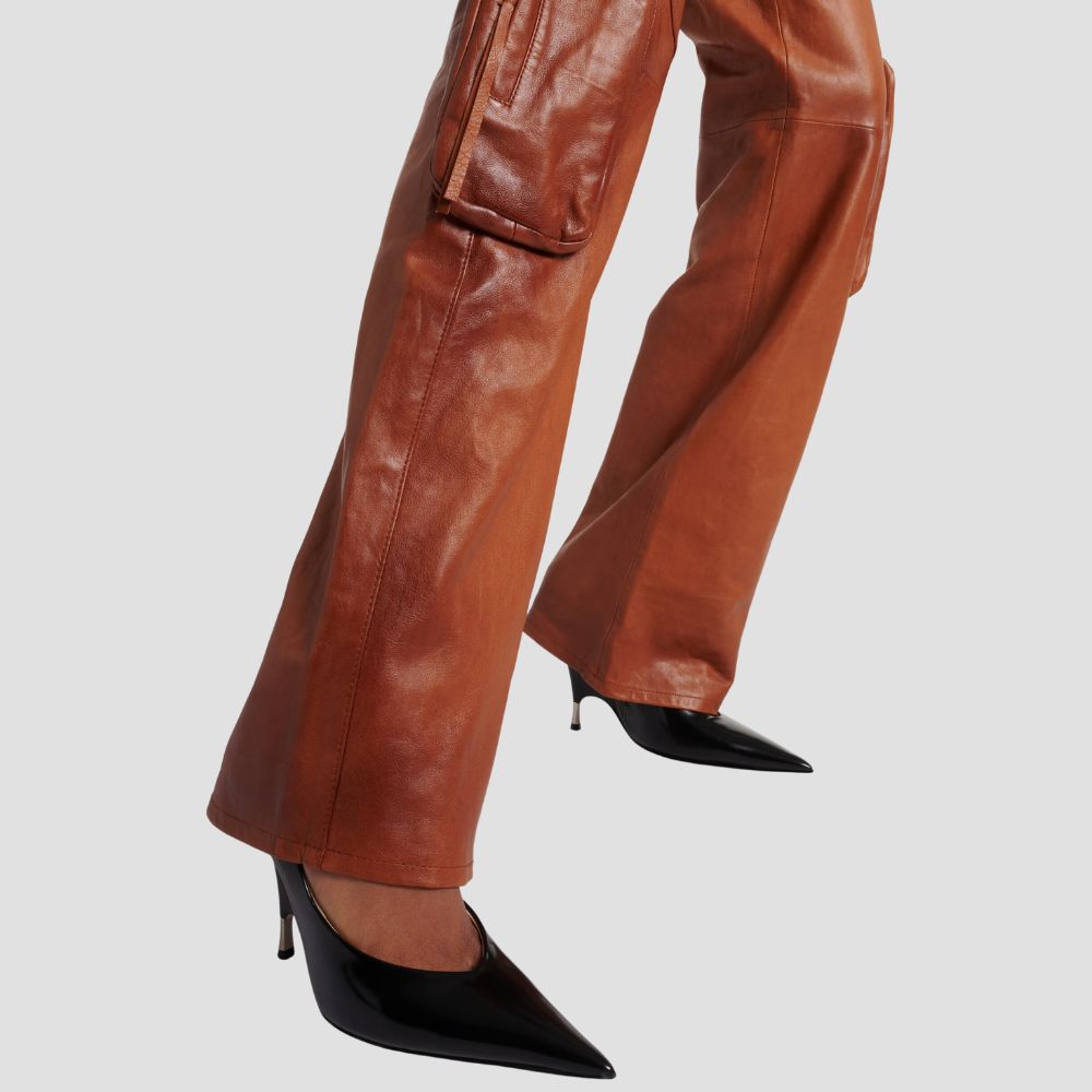 Make a bold fashion statement with these sleek and stylish cargo leather pants for women.