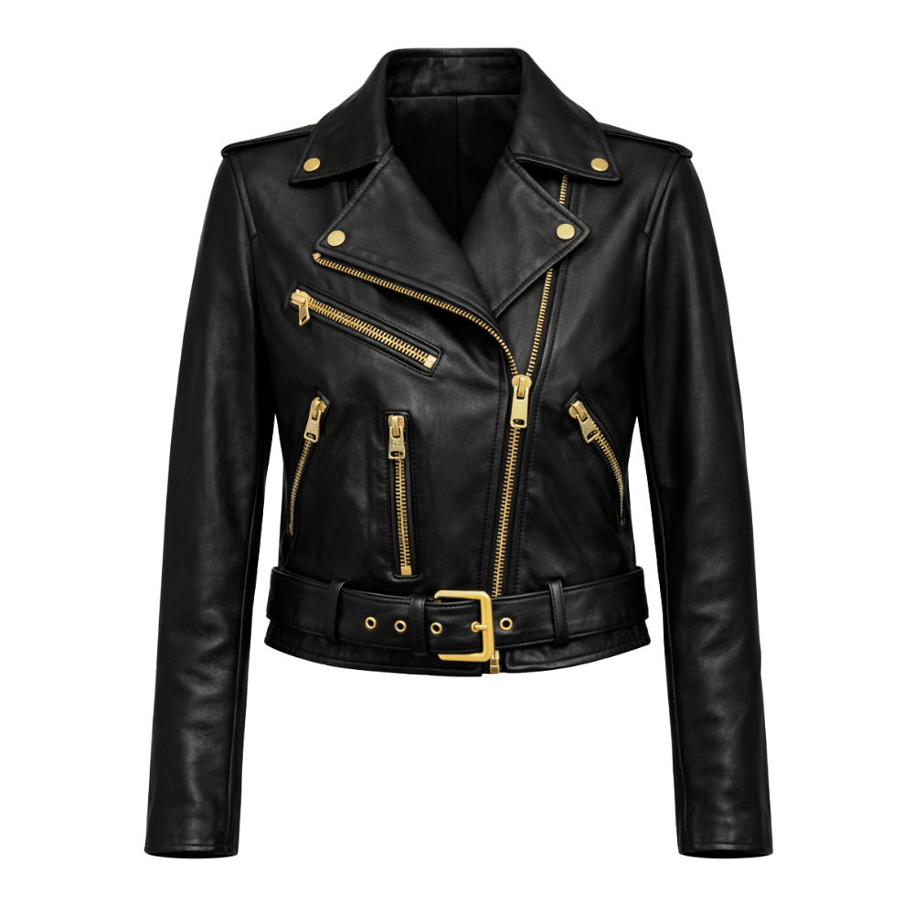 Women’s black cowhide leather biker jacket with zipper closure